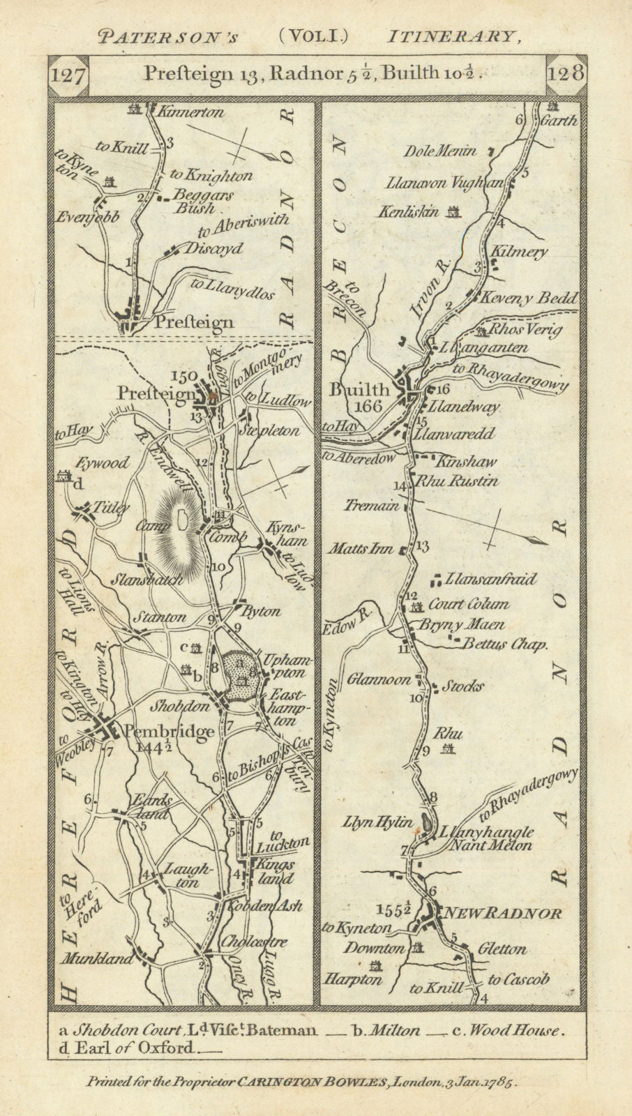 Pembridge-Presteigne-New Radnor-Builth Wells road strip map PATERSON 1785